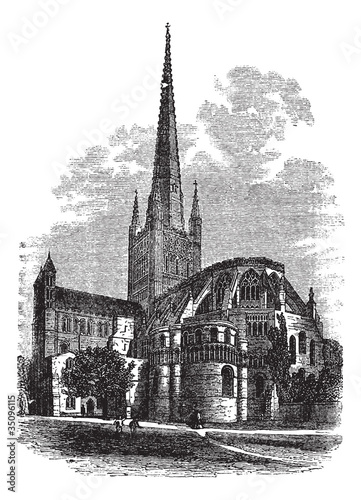 Norwich Cathedral in Norfolk, England, UK, vintage engraved illu