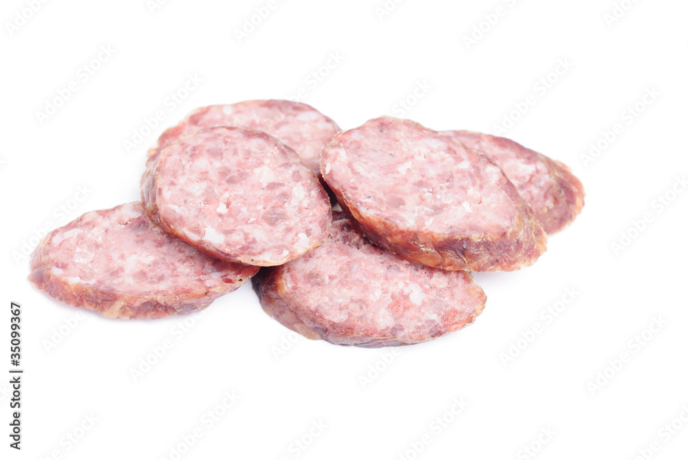 Sausage sliced isolation on white background .Meat product. Sausage sliced isolation on white background .Meat product.