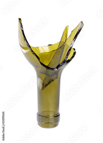 broken green wine bottle isolated on the white background