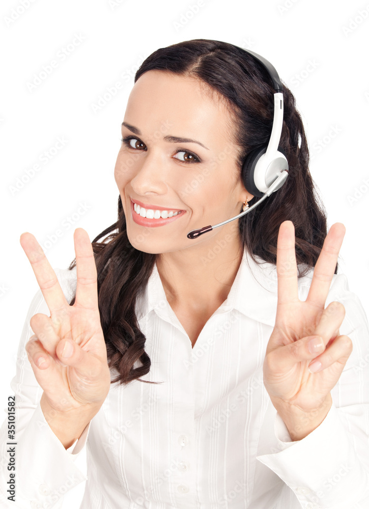 Support operator showing two fingers, on white Support operator showing two fingers, on white