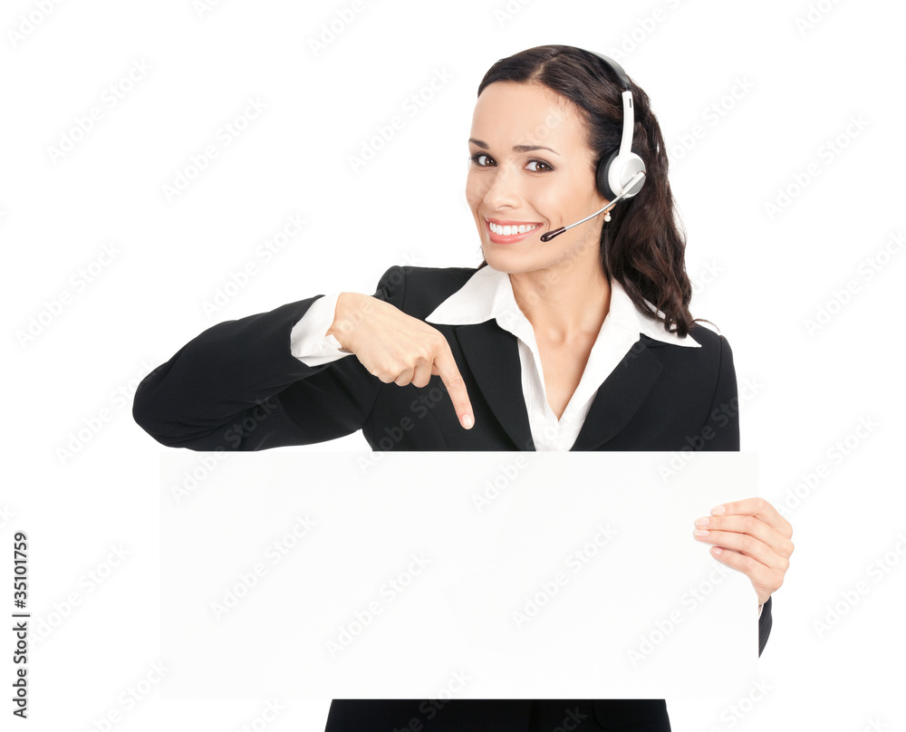 Support phone operator with signboard, isolated Support phone operator with signboard, isolated