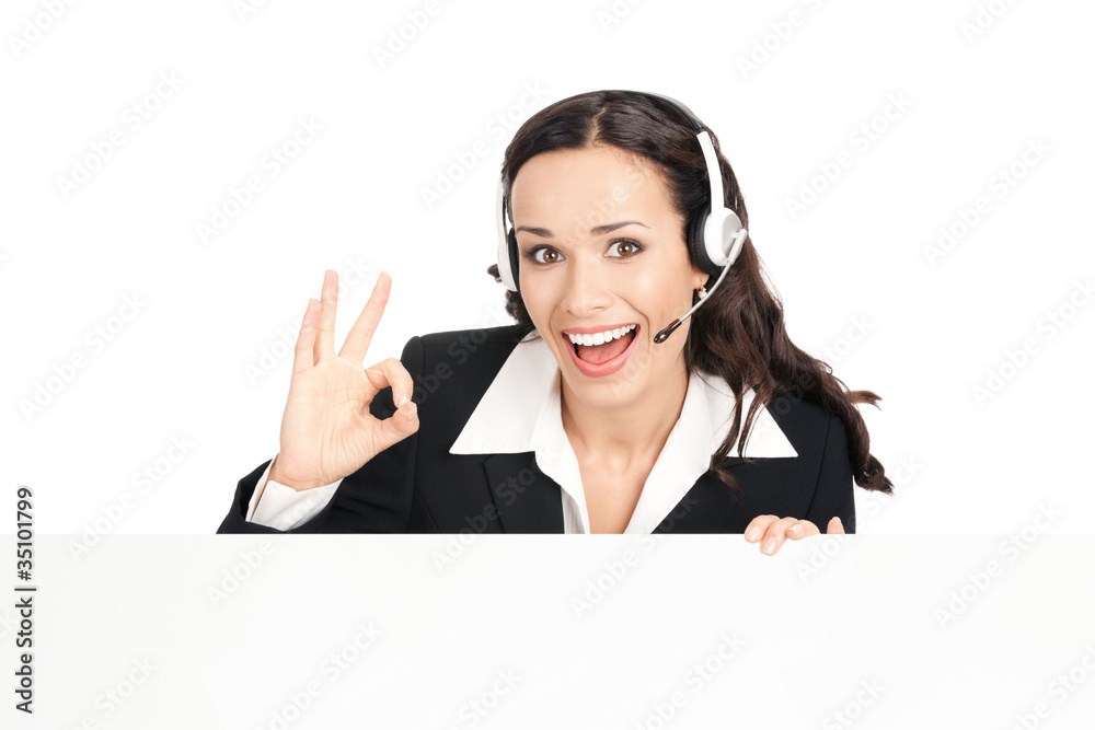 Support phone operator with signboard, isolated Support phone operator with signboard, isolated