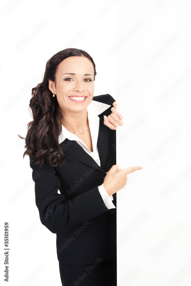 Businesswoman showing blank signboard, on white Businesswoman showing blank signboard, on white