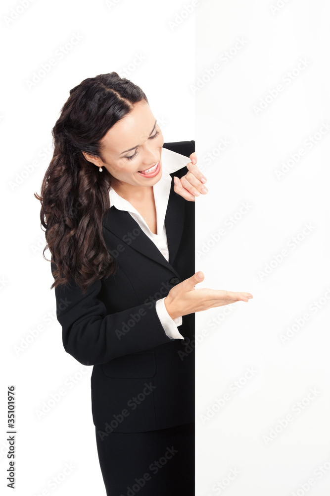 Businesswoman showing blank signboard, on white Businesswoman showing blank signboard, on white