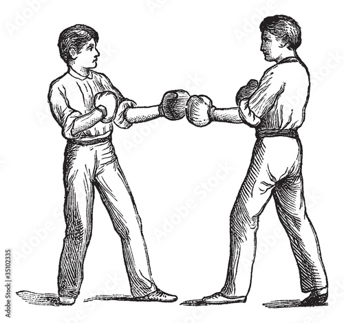 Two boxers in a fighting postion vintage engraving