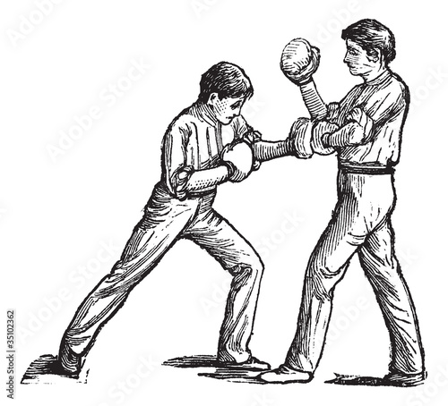 Two boxers fighting vintage engraving