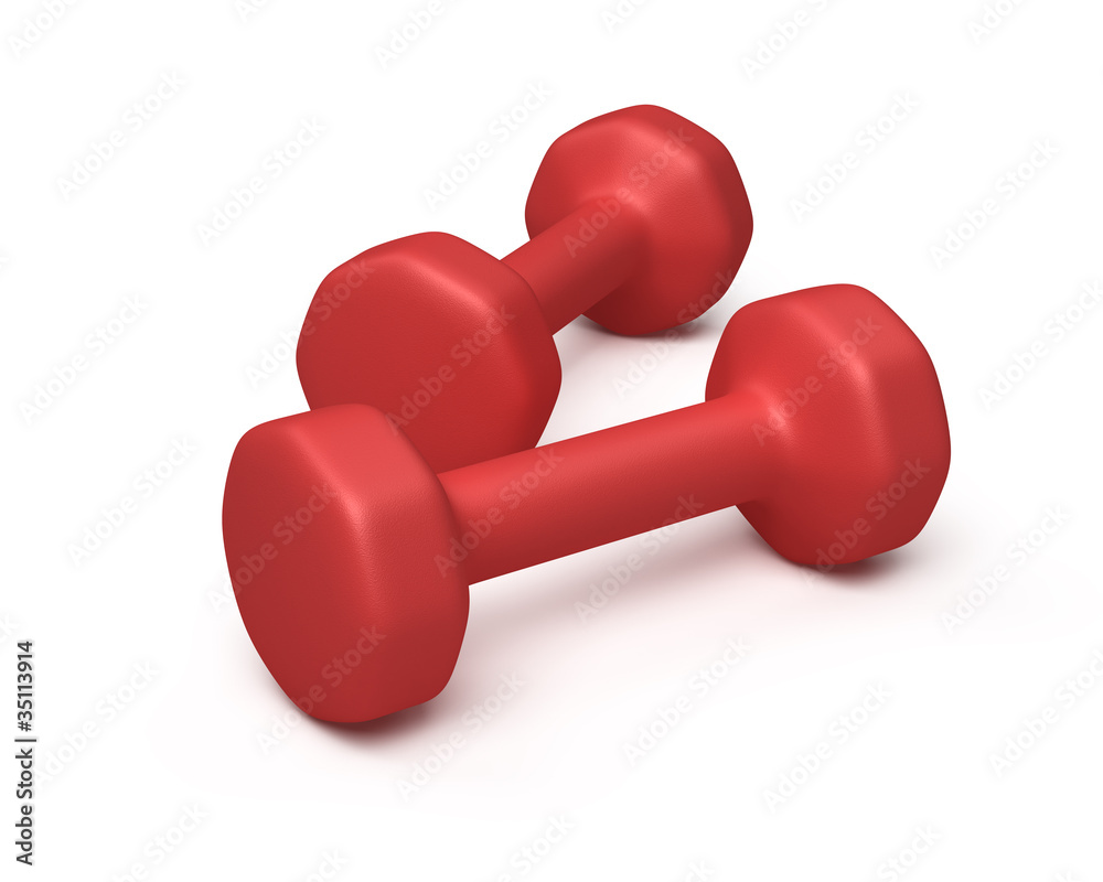 Two red dumb bells isolated on white Two red dumb bells isolated on white