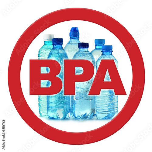 Anti bisphenol A sign with plastic bottles of mineral water photo