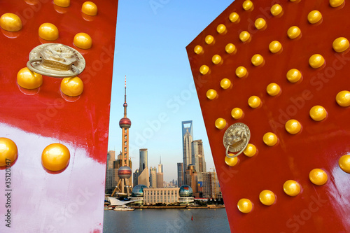 Photography Chinese door and shanghai skyline
