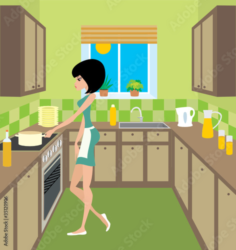 Young woman on kitchen. vector
