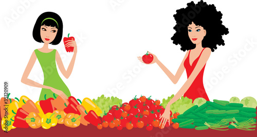 Two women buy vegetables. vector