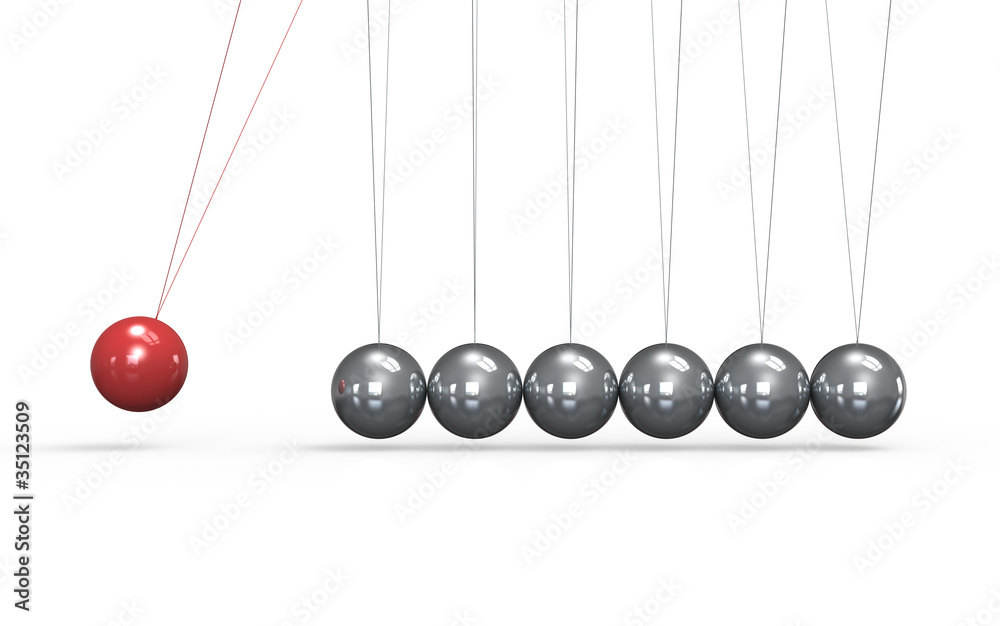 Newtons cradle White floor. One red Ball in the Pendulum. Newtons cradle White floor. One red Ball in the Pendulum.