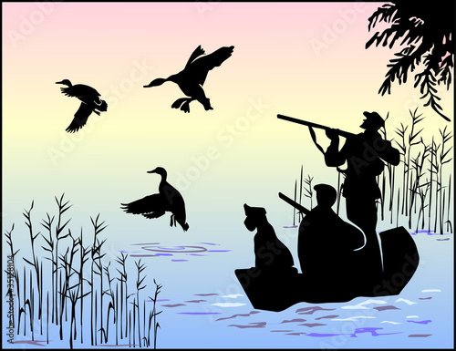 The hunter shoots at the ducks. Three men with a dog floating in a boat on a forest lake among the thickets of tall grass. A flock of birds flying through the sky. Hunting for grouse. Vector.