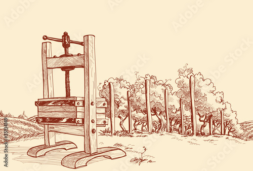 Vineyard and old wooden press
