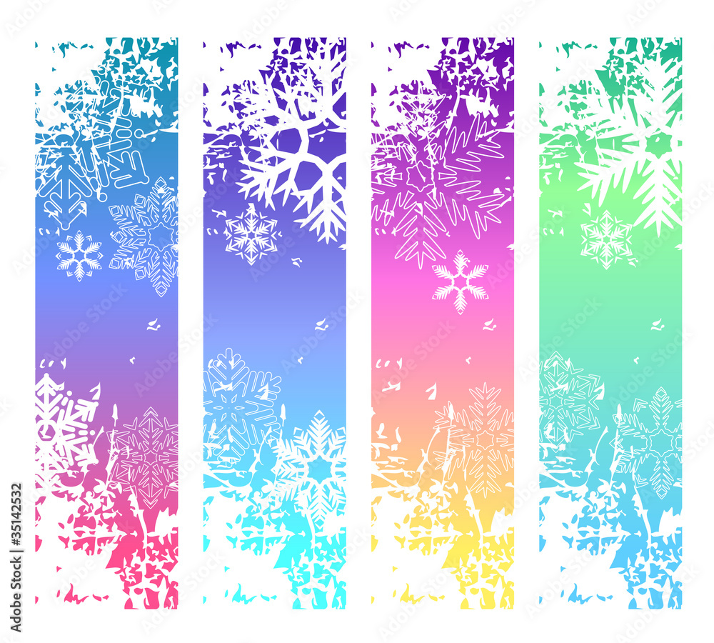Four abstract vertical winter banners with white snowflakes Four abstract vertical winter banners with white snowflakes