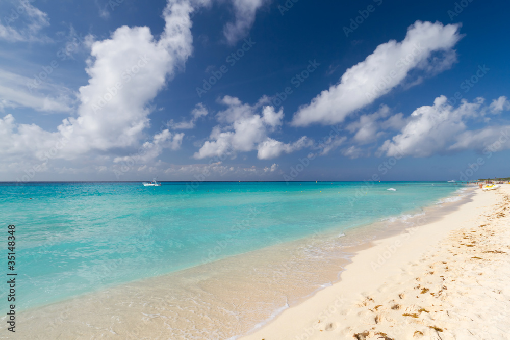 Idyllic beach of Caribbean Sea in Playacar - Mexico Idyllic beach of Caribbean Sea in Playacar - Mexico