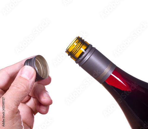 Red wine bottle opened screw top
