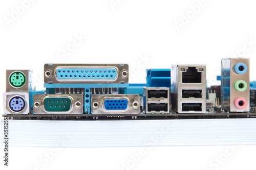 Ports on motherboard on isolate background. © suwanb