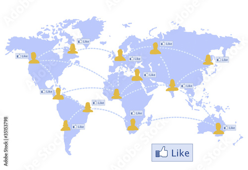 world map with social network and like button