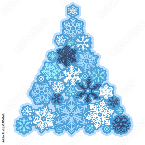 Stylized Christmas tree made of various snowflakes