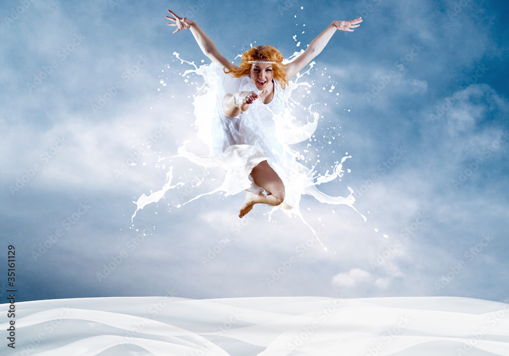 Jump of ballerina with dress of milk Jump of ballerina with dress of milk