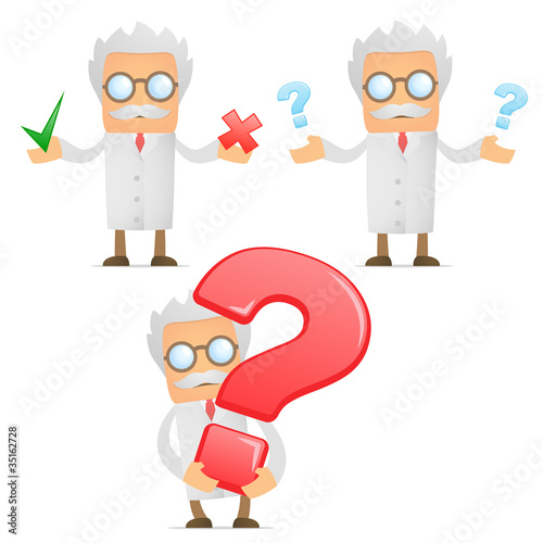 funny cartoon scientist with a question mark