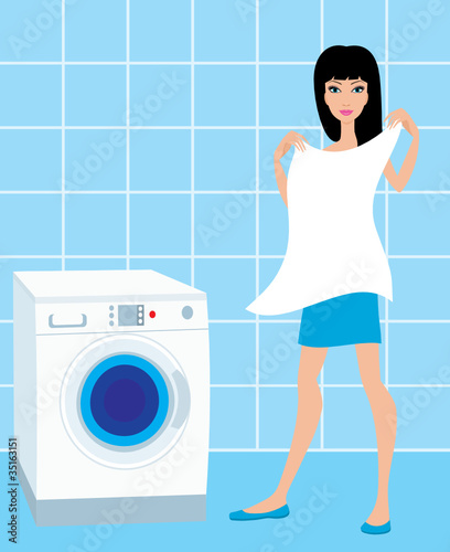 Young woman holds the washed linen. vector