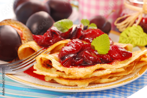 pancakes with fresh plum`s confiture