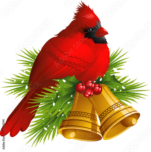 Cardinal Bird with Christmas bells