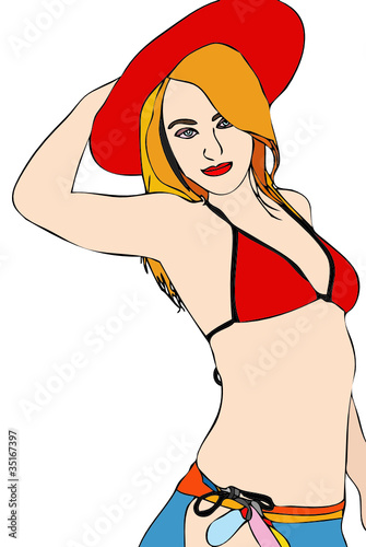 Donna in costume da bagno e cappello rosso