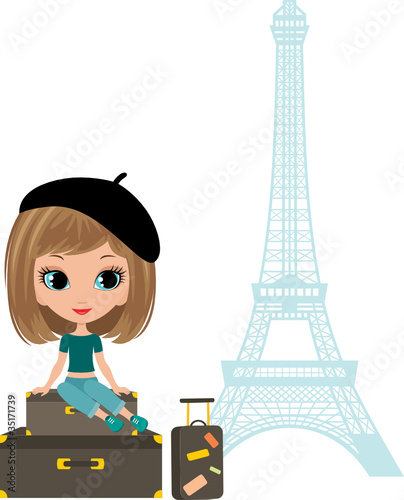 Pretty girl sits on a suitcase against Tour d'Eiffel. vector