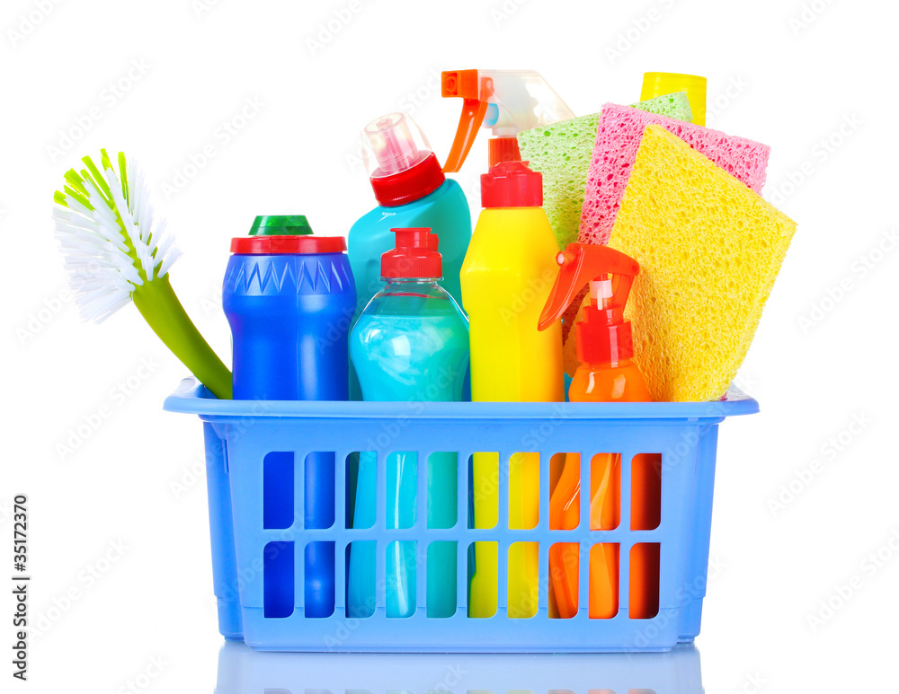 full box of cleaning supplies and sponges isolated on white full box of cleaning supplies and sponges isolated on white