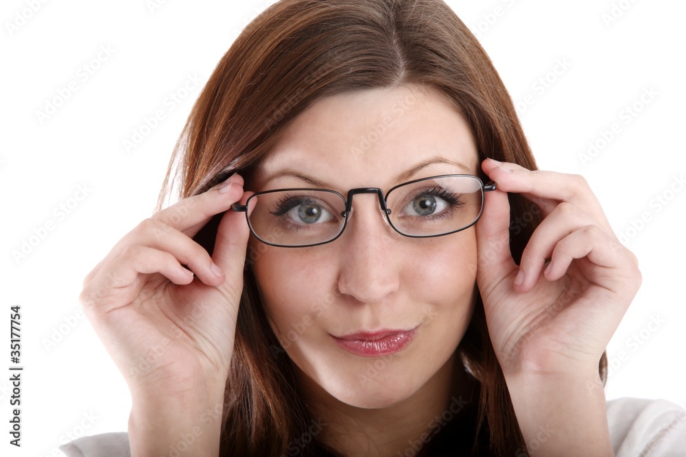 young woman with eyeglasses (white background) young woman with eyeglasses (white background)