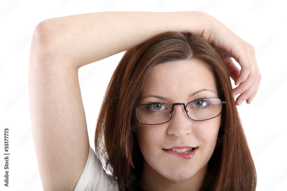 young woman with eyeglasses (white background) young woman with eyeglasses (white background)