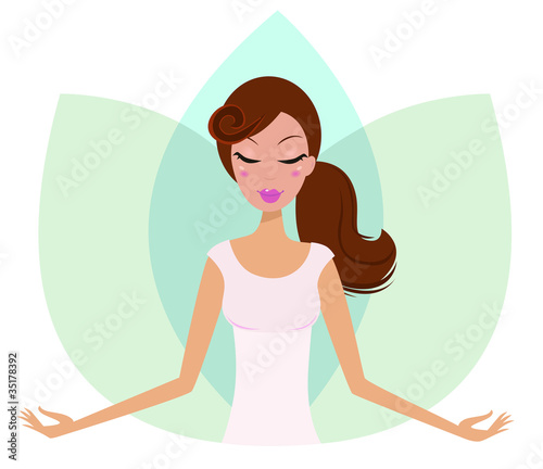 Yoga meditating cute girl in Lotus Flower isolated on white..