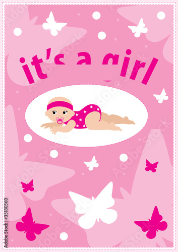 Baby girl arrival announcement card. vector