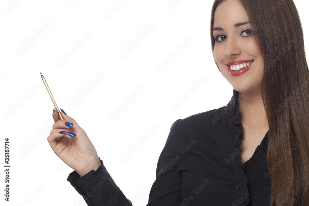 Young business woman shows something with pen Young business woman shows something with pen