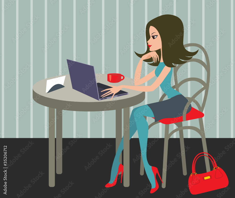 Young woman with the laptop in cafe. Vector
