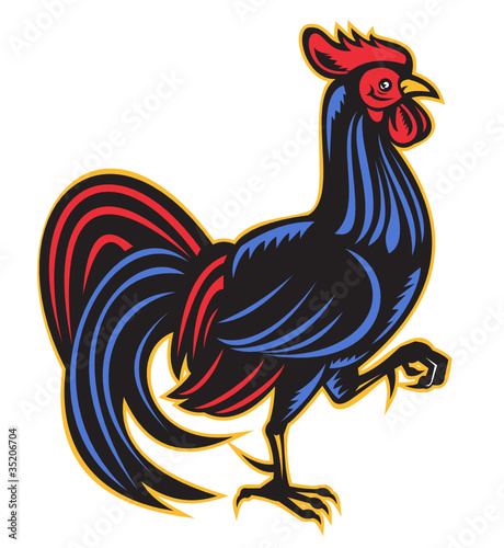 rooster cockerel marching side woodcut