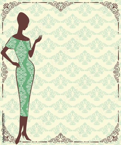 Vintage silhouette of girl on tapestry background.
