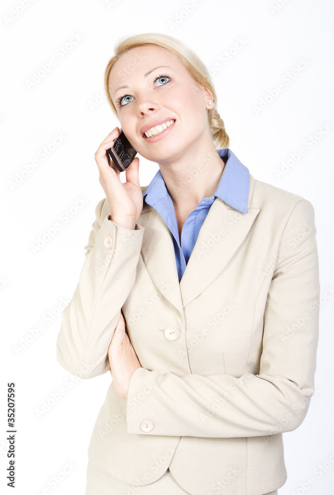 Business woman talking on the phone, looking up. Over white back Business woman talking on the phone, looking up. Over white back