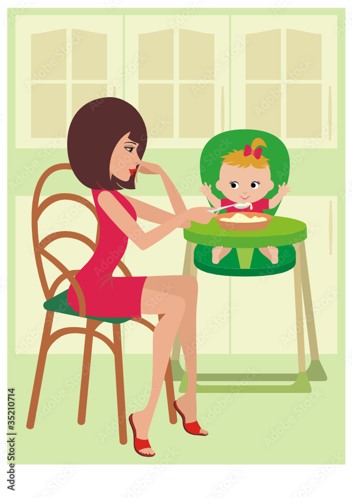 Mum feeds the child. vector Mum feeds the child. vector