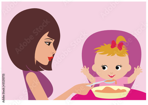 Mum feeds the child. vector