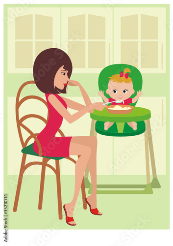 Mum feeds the child. vector