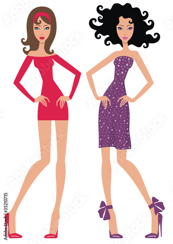 Two beautiful women in dresses. vector