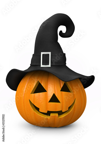 Halloween - carved pumpkin with witch hat