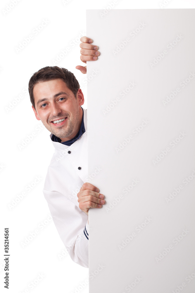 Male chef holding blank board Male chef holding blank board
