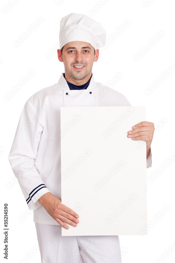 Male chef with menu. Male chef with menu.