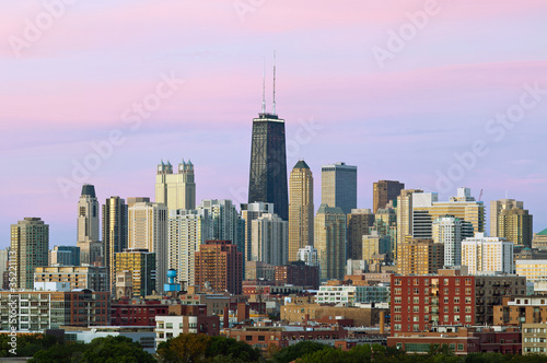Colorful Chicago skyline at twilight.