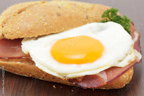 Vollkornbrötchen, roher Schinken, Spiegelei